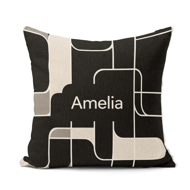 Custom Name Contemporary Line Grid Black Cream Abstract Outline Square Filled Cushion Throw Pillow Sofa Bed Home Decor Zip Washable UK Made
