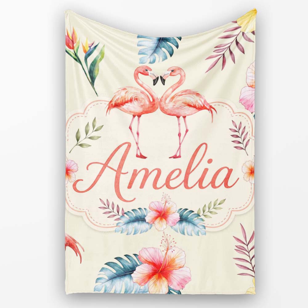 Elegant Pink Flamingos Tropical Flowers on Beige Background Seamless  Personalised Custom Name Super Soft Fleece Blanket Bed Sofa Throw