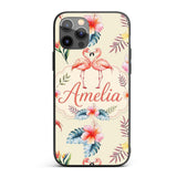 Elegant Pink Flamingos Tropical Flowers on Beige Custom Name Protective Phone Case Mobile Cover Durable Everyday Smartphone Shock Resistant