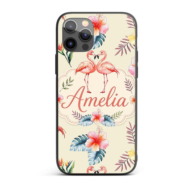 Elegant Pink Flamingos Tropical Flowers on Beige Custom Name Protective Phone Case Mobile Cover Durable Everyday Smartphone Shock Resistant