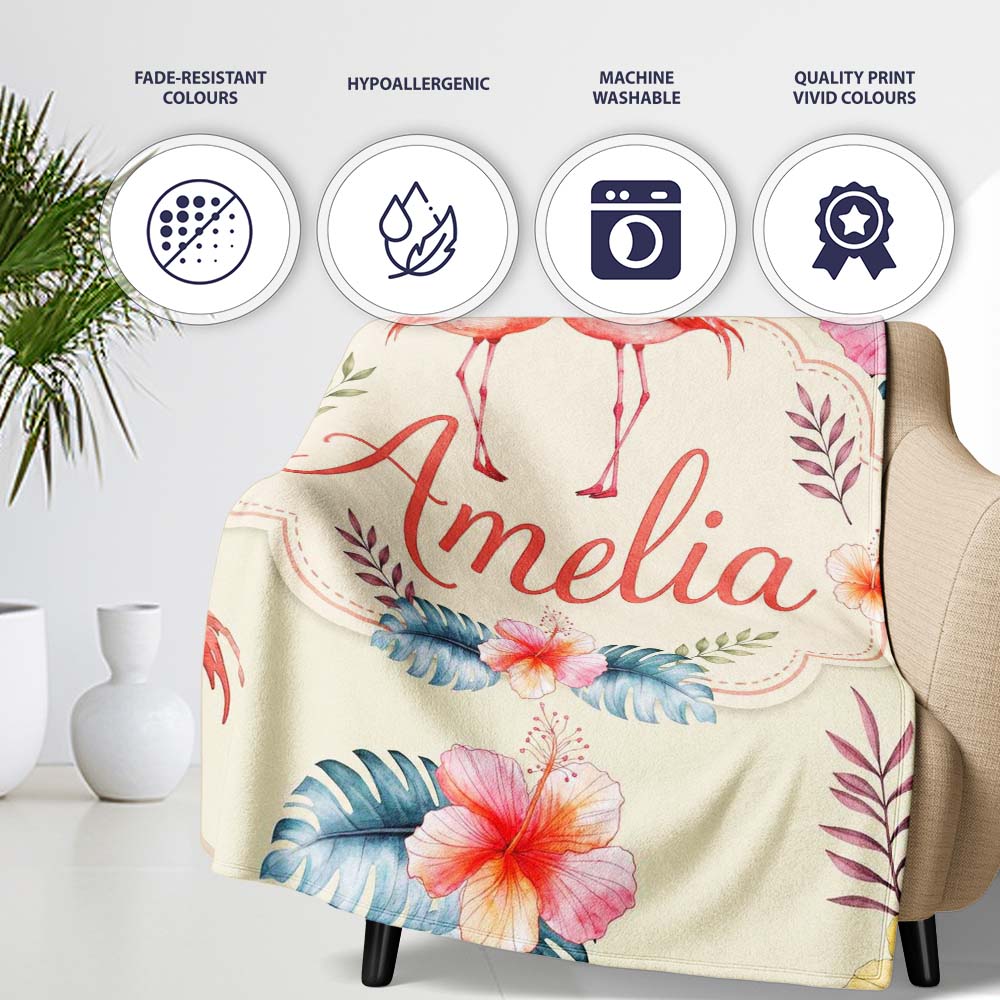 Elegant Pink Flamingos Tropical Flowers on Beige Background Seamless  Personalised Custom Name Super Soft Fleece Blanket Bed Sofa Throw