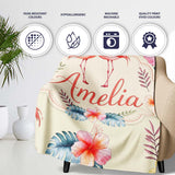 Elegant Pink Flamingos Tropical Flowers on Beige Background Seamless  Personalised Custom Name Super Soft Fleece Blanket Bed Sofa Throw