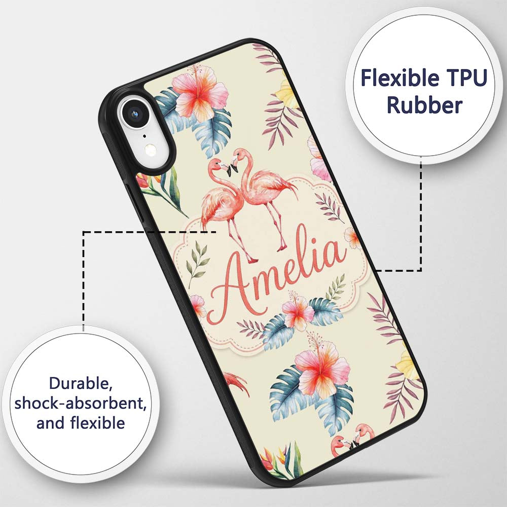 Elegant Pink Flamingos Tropical Flowers on Beige Custom Name Protective Phone Case Mobile Cover Durable Everyday Smartphone Shock Resistant
