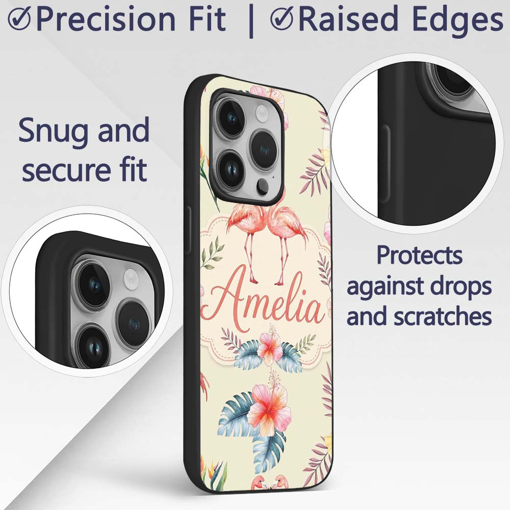 Elegant Pink Flamingos Tropical Flowers on Beige Custom Name Protective Phone Case Mobile Cover Durable Everyday Smartphone Shock Resistant