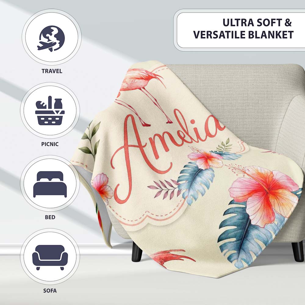 Elegant Pink Flamingos Tropical Flowers on Beige Background Seamless  Personalised Custom Name Super Soft Fleece Blanket Bed Sofa Throw