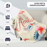 Elegant Pink Flamingos Tropical Flowers on Beige Background Seamless  Personalised Custom Name Super Soft Fleece Blanket Bed Sofa Throw