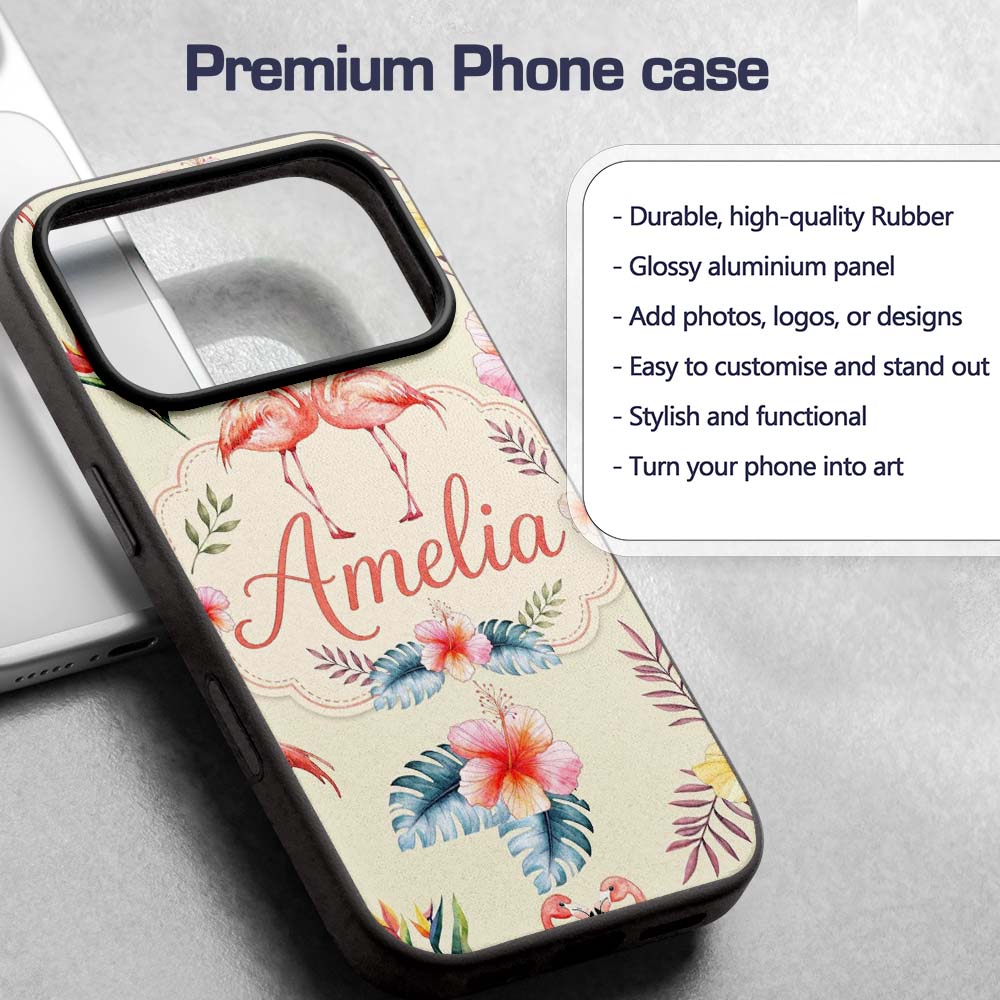 Elegant Pink Flamingos Tropical Flowers on Beige Custom Name Protective Phone Case Mobile Cover Durable Everyday Smartphone Shock Resistant