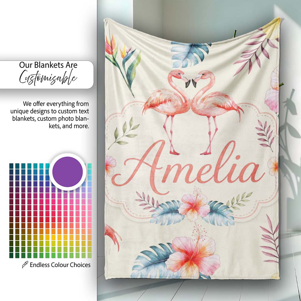 Elegant Pink Flamingos Tropical Flowers on Beige Background Seamless  Personalised Custom Name Super Soft Fleece Blanket Bed Sofa Throw