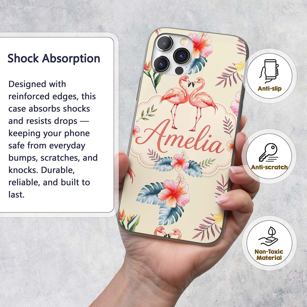 Elegant Pink Flamingos Tropical Flowers on Beige Custom Name Protective Phone Case Mobile Cover Durable Everyday Smartphone Shock Resistant