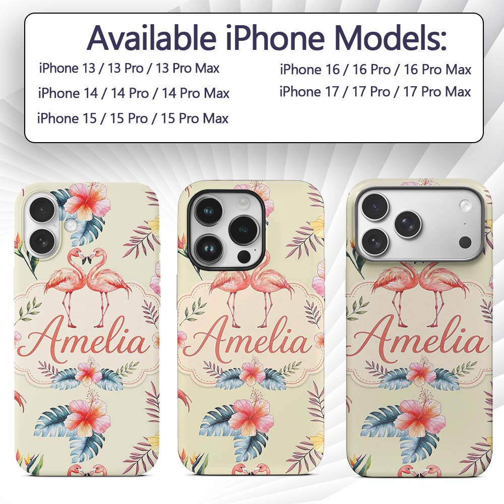 Elegant Pink Flamingos Tropical Flowers on Beige Custom Name Protective Phone Case Mobile Cover Durable Everyday Smartphone Shock Resistant