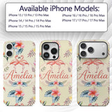 Elegant Pink Flamingos Tropical Flowers on Beige Custom Name Protective Phone Case Mobile Cover Durable Everyday Smartphone Shock Resistant
