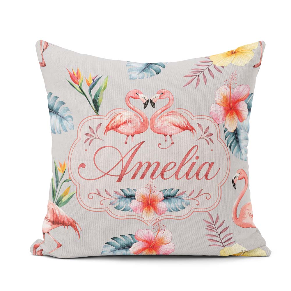 Custom Name Elegant Pink Tropical Flowers on Background Seamless Square Filled Cushion Throw Pillow Sofa Bed Home Decor Zip Washable UK Made