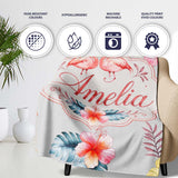 Elegant Pink Flamingos Tropical Flowers on Grey Background Seamless  Personalised Custom Name Super Soft Fleece Blanket Bed Sofa Throw