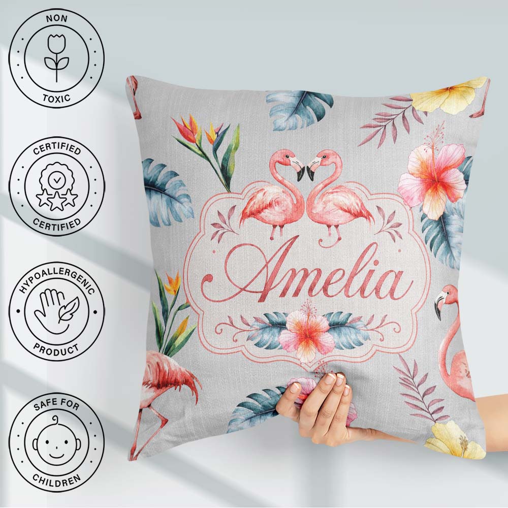 Custom Name Elegant Pink Tropical Flowers on Background Seamless Square Filled Cushion Throw Pillow Sofa Bed Home Decor Zip Washable UK Made