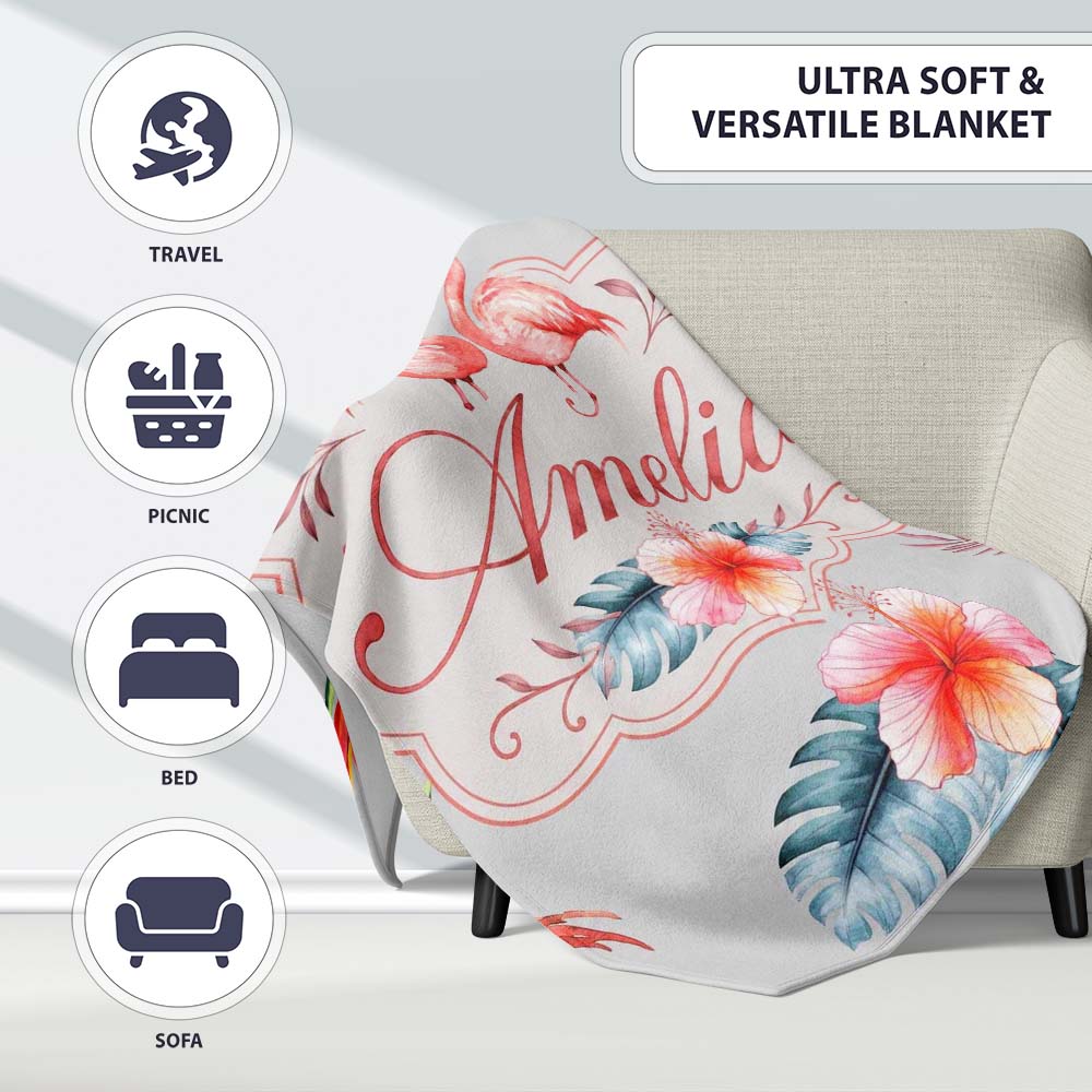 Elegant Pink Flamingos Tropical Flowers on Grey Background Seamless  Personalised Custom Name Super Soft Fleece Blanket Bed Sofa Throw