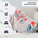 Elegant Pink Flamingos Tropical Flowers on Grey Background Seamless  Personalised Custom Name Super Soft Fleece Blanket Bed Sofa Throw