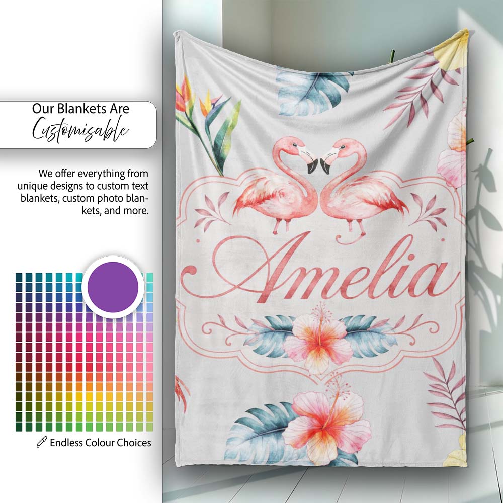 Elegant Pink Flamingos Tropical Flowers on Grey Background Seamless  Personalised Custom Name Super Soft Fleece Blanket Bed Sofa Throw