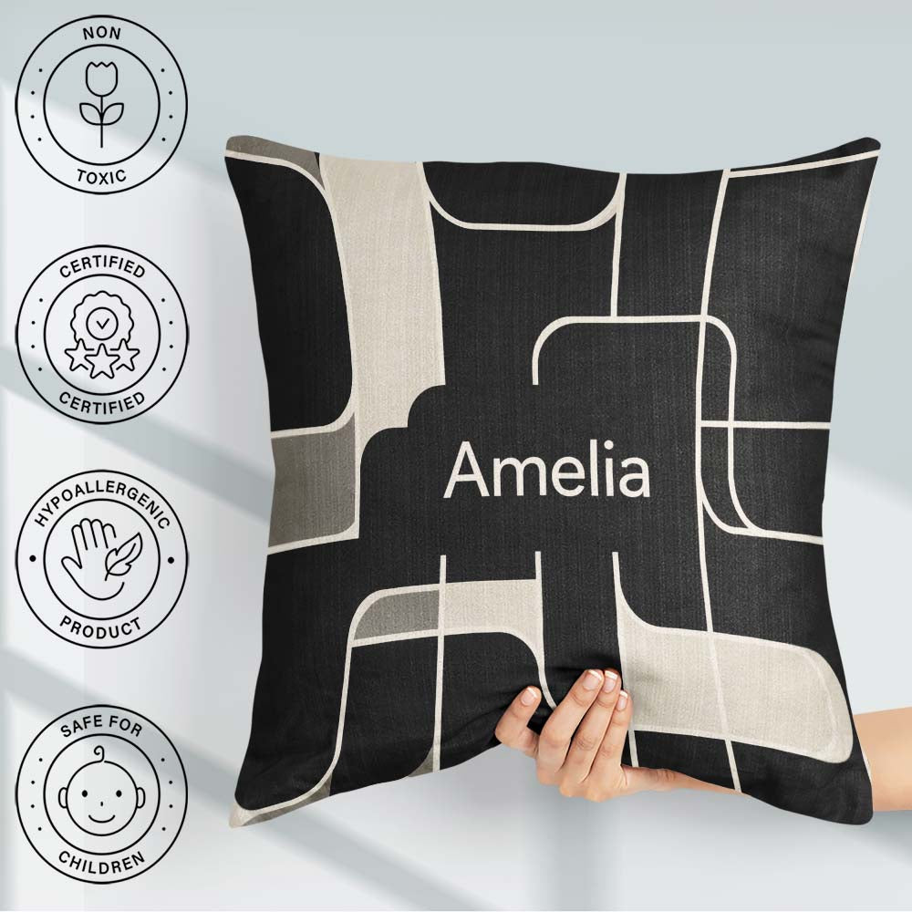 Custom Name Contemporary Line Grid Black Cream Abstract Outline Square Filled Cushion Throw Pillow Sofa Bed Home Decor Zip Washable UK Made
