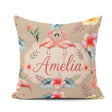 Custom Name Elegant Flamingos Tropical Flowers on Tan Background Square Filled Cushion Throw Pillow Sofa Bed Home Decor Zip Washable UK Made