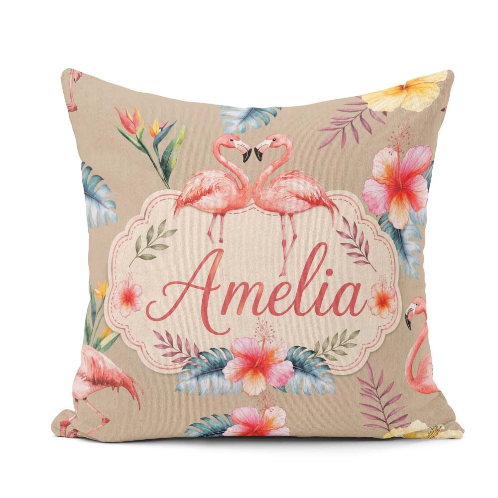 Custom Name Elegant Flamingos Tropical Flowers on Tan Background Square Filled Cushion Throw Pillow Sofa Bed Home Decor Zip Washable UK Made