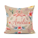 Custom Name Elegant Flamingos Tropical Flowers on Tan Background Square Filled Cushion Throw Pillow Sofa Bed Home Decor Zip Washable UK Made