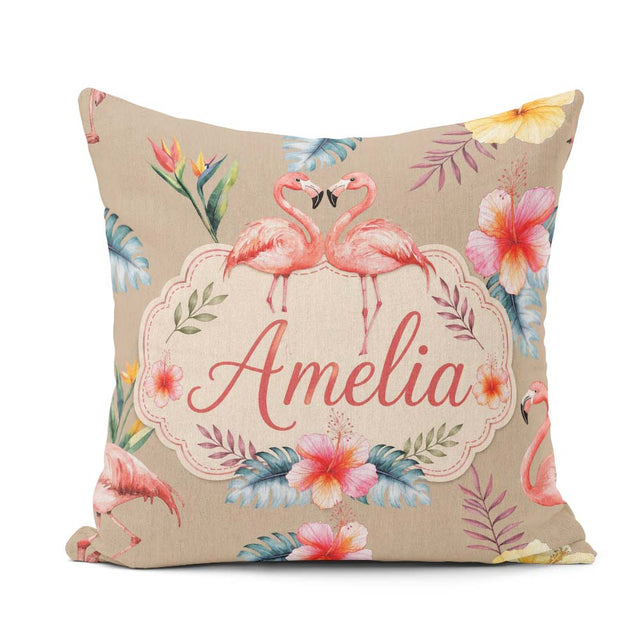 Custom Name Elegant Flamingos Tropical Flowers on Tan Background Square Filled Cushion Throw Pillow Sofa Bed Home Decor Zip Washable UK Made