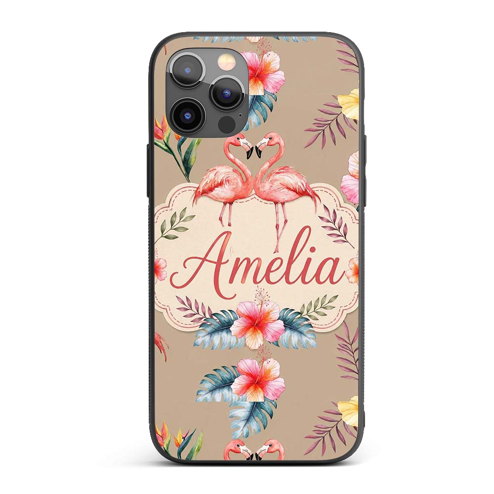 Elegant Pink Flamingos Tropical Flowers on Tan Custom Name Protective Phone Case Mobile Cover Durable Everyday Smartphone Shock Resistant