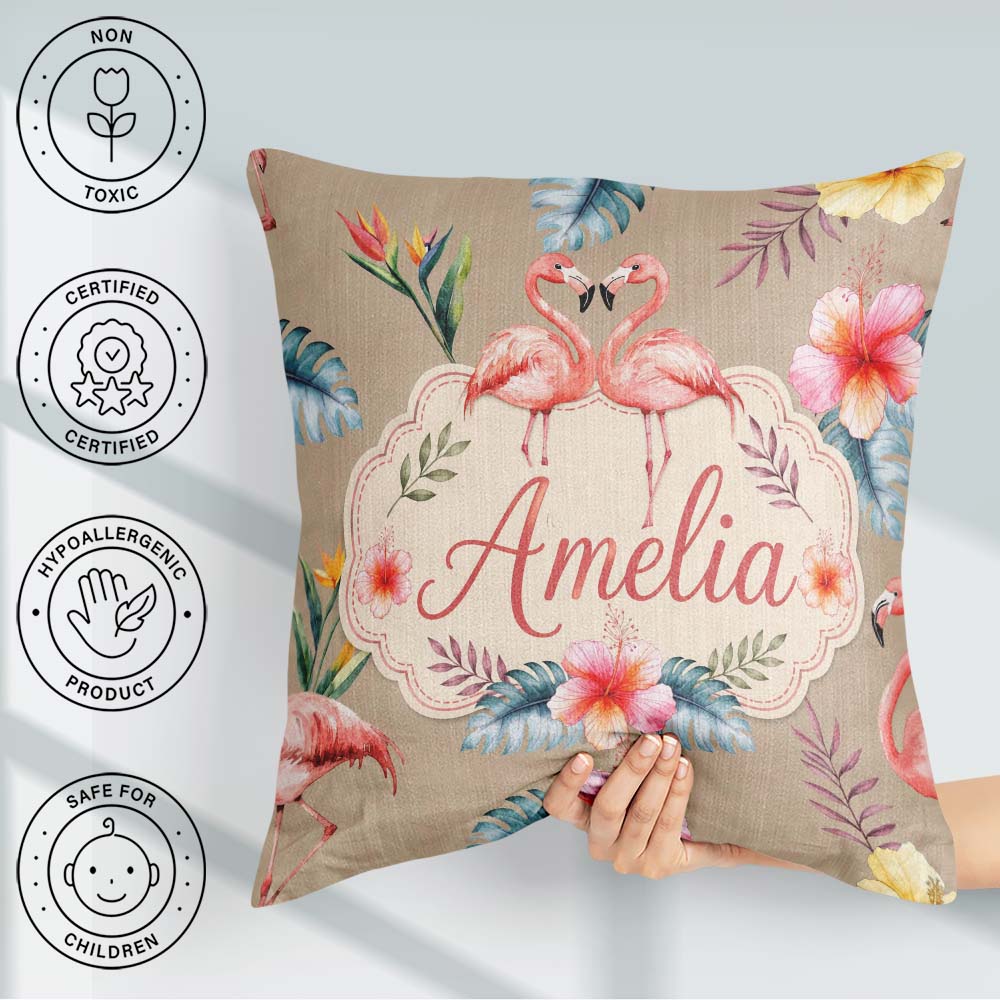 Custom Name Elegant Flamingos Tropical Flowers on Tan Background Square Filled Cushion Throw Pillow Sofa Bed Home Decor Zip Washable UK Made
