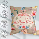Custom Name Elegant Flamingos Tropical Flowers on Tan Background Square Filled Cushion Throw Pillow Sofa Bed Home Decor Zip Washable UK Made