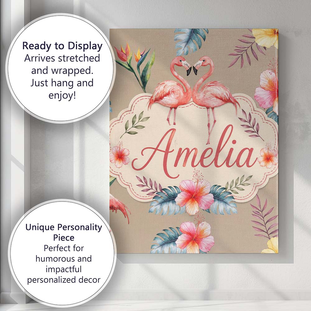 Personalised Name Elegant Pink Flamingos Custom  Interior Decorative Contemporary Canvas Wall Art Print Decor Picture Ready to Hang