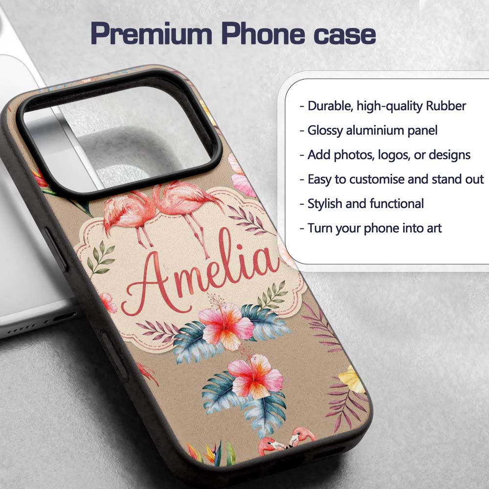 Elegant Pink Flamingos Tropical Flowers on Tan Custom Name Protective Phone Case Mobile Cover Durable Everyday Smartphone Shock Resistant
