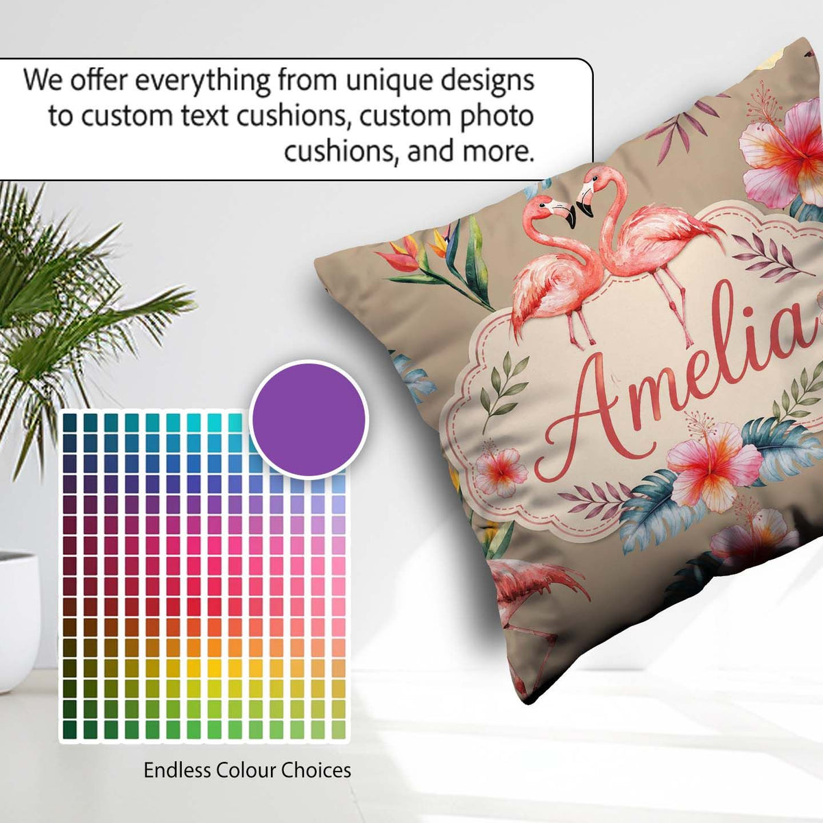 Custom Name Elegant Flamingos Tropical Flowers on Tan Background Square Filled Cushion Throw Pillow Sofa Bed Home Decor Zip Washable UK Made