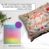 Custom Name Elegant Flamingos Tropical Flowers on Tan Background Square Filled Cushion Throw Pillow Sofa Bed Home Decor Zip Washable UK Made