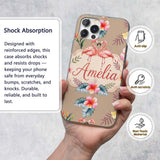 Elegant Pink Flamingos Tropical Flowers on Tan Custom Name Protective Phone Case Mobile Cover Durable Everyday Smartphone Shock Resistant