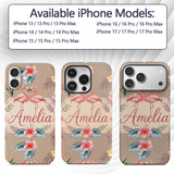 Elegant Pink Flamingos Tropical Flowers on Tan Custom Name Protective Phone Case Mobile Cover Durable Everyday Smartphone Shock Resistant