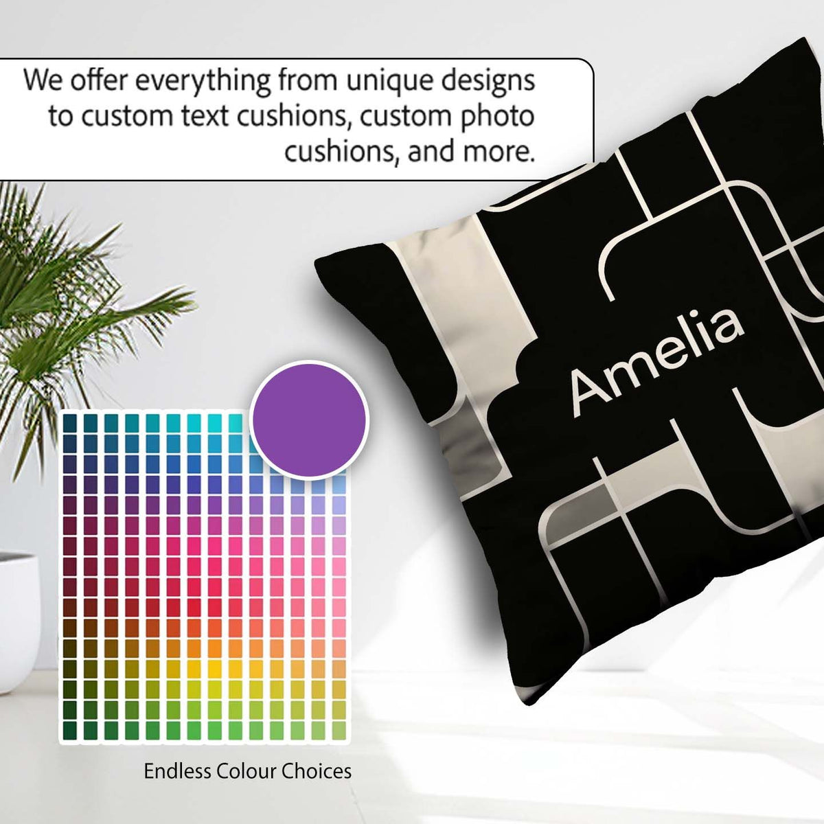 Custom Name Contemporary Line Grid Black Cream Abstract Outline Square Filled Cushion Throw Pillow Sofa Bed Home Decor Zip Washable UK Made