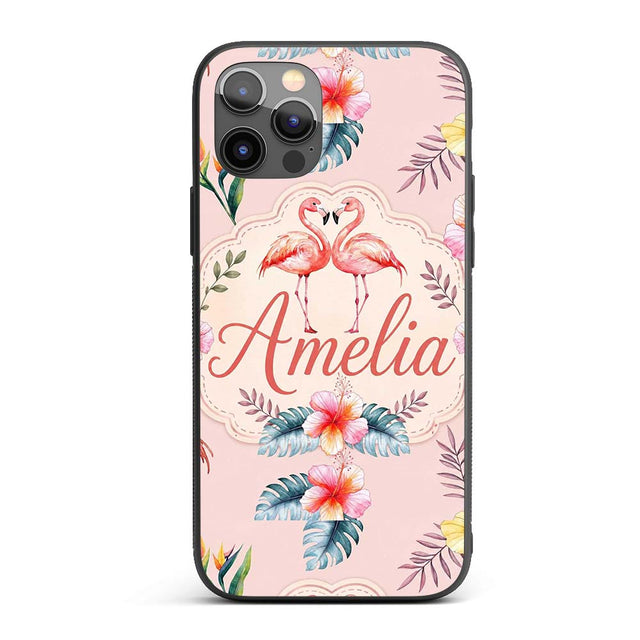 Elegant Pink Flamingos Tropical Flowers on Pink Custom Name Protective Phone Case Mobile Cover Durable Everyday Smartphone Shock Resistant