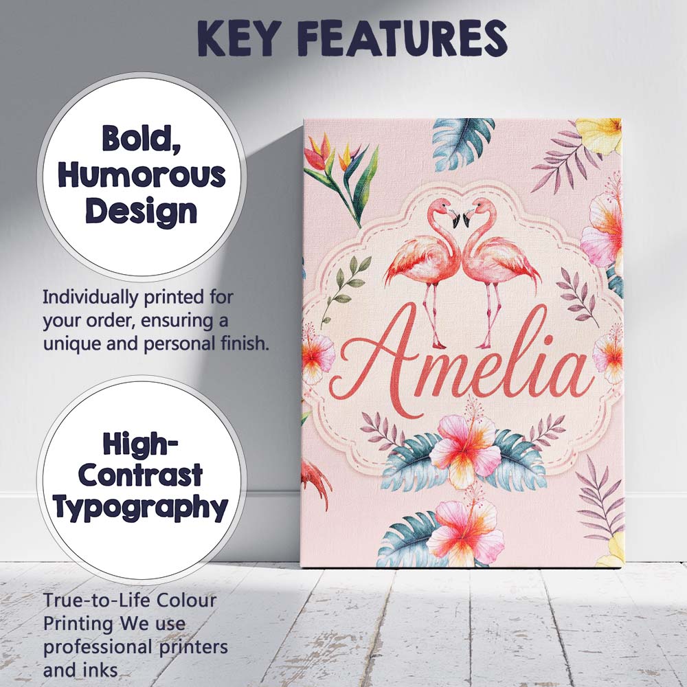 Personalised Name Elegant Pink Flamingos Custom  Interior Decorative Contemporary Canvas Wall Art Print Decor Picture Ready to Hang