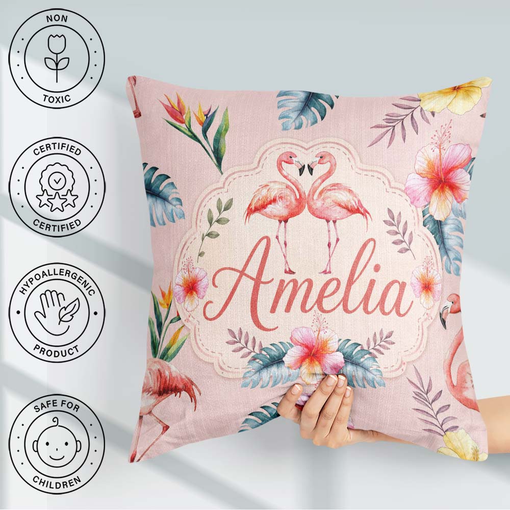Custom Name Elegant Pink Tropical Flowers on Background Seamless Square Filled Cushion Throw Pillow Sofa Bed Home Decor Zip Washable UK Made