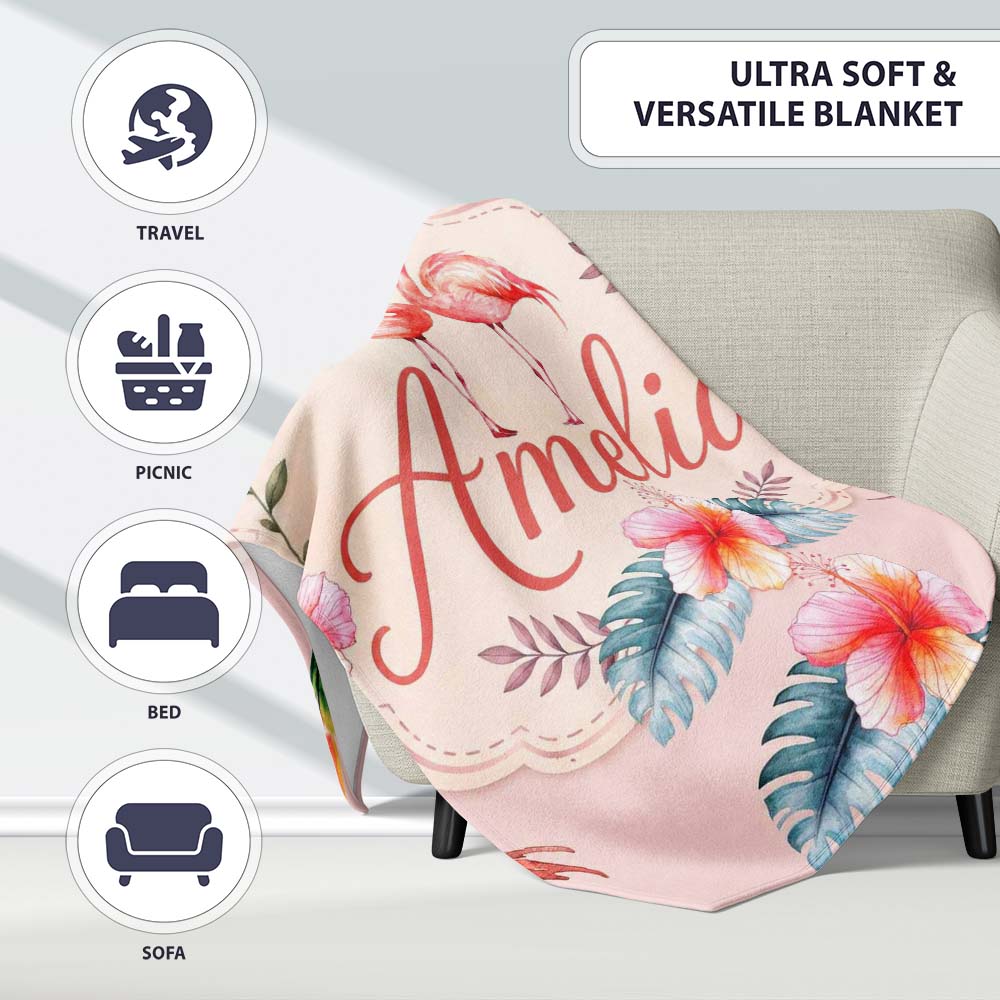 Elegant Pink Flamingos Tropical Flowers on Pink Background Seamless  Personalised Custom Name Super Soft Fleece Blanket Bed Sofa Throw