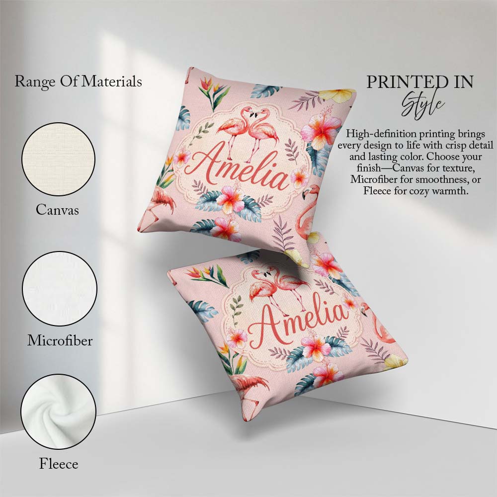 Custom Name Elegant Pink Tropical Flowers on Background Seamless Square Filled Cushion Throw Pillow Sofa Bed Home Decor Zip Washable UK Made