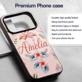 Elegant Pink Flamingos Tropical Flowers on Pink Custom Name Protective Phone Case Mobile Cover Durable Everyday Smartphone Shock Resistant