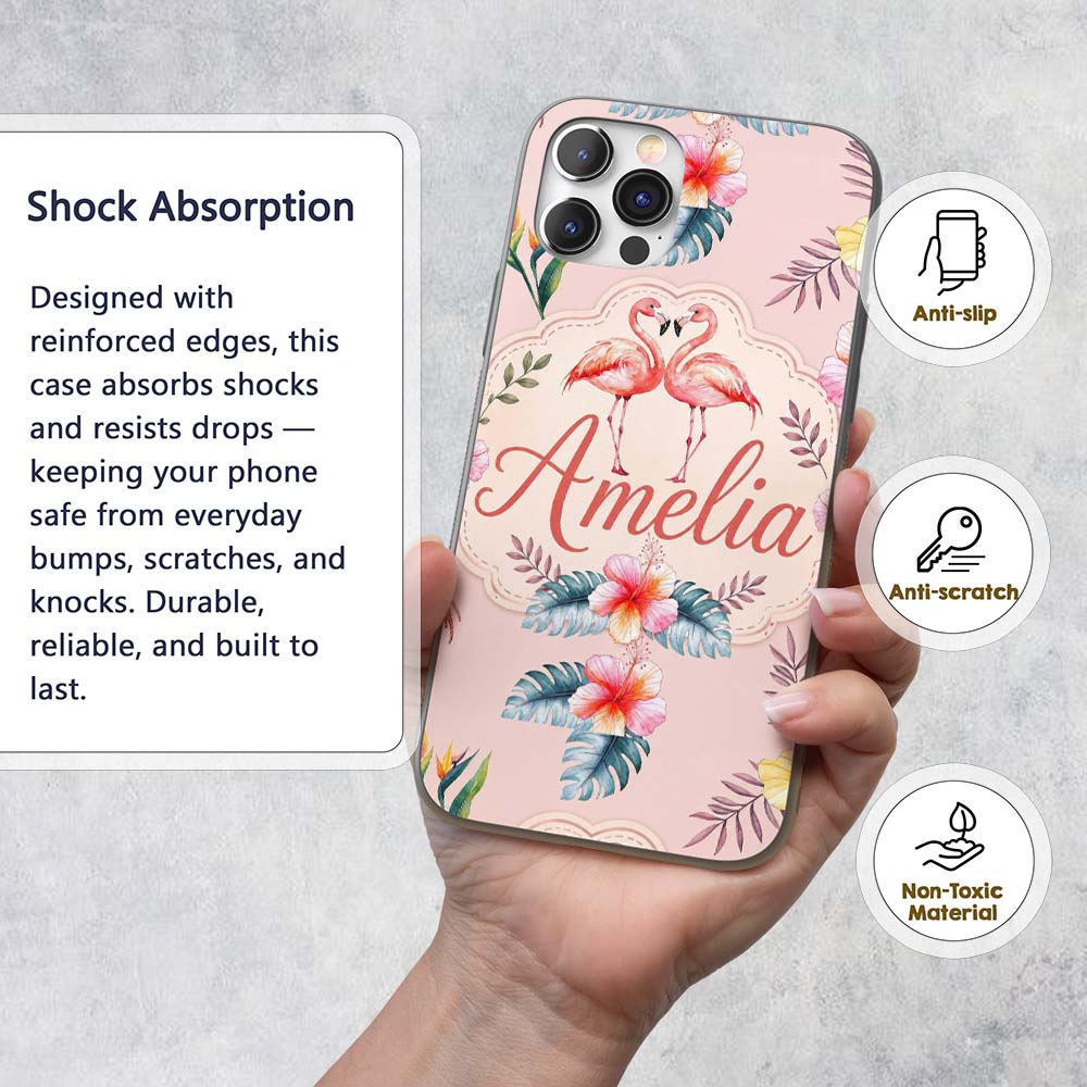 Elegant Pink Flamingos Tropical Flowers on Pink Custom Name Protective Phone Case Mobile Cover Durable Everyday Smartphone Shock Resistant
