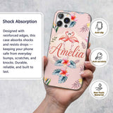 Elegant Pink Flamingos Tropical Flowers on Pink Custom Name Protective Phone Case Mobile Cover Durable Everyday Smartphone Shock Resistant