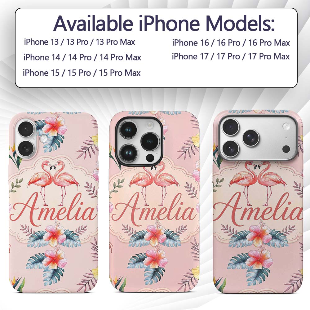 Elegant Pink Flamingos Tropical Flowers on Pink Custom Name Protective Phone Case Mobile Cover Durable Everyday Smartphone Shock Resistant