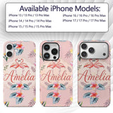 Elegant Pink Flamingos Tropical Flowers on Pink Custom Name Protective Phone Case Mobile Cover Durable Everyday Smartphone Shock Resistant