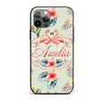 Elegant Pink Flamingos Tropical Flowers on Sage Custom Name Protective Phone Case Mobile Cover Durable Everyday Smartphone Shock Resistant