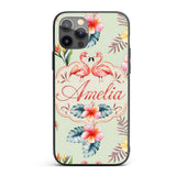 Elegant Pink Flamingos Tropical Flowers on Sage Custom Name Protective Phone Case Mobile Cover Durable Everyday Smartphone Shock Resistant