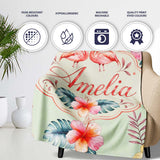 Elegant Pink Flamingos Tropical Flowers on Sage Green Background  Personalised Custom Name Super Soft Fleece Blanket Bed Sofa Throw