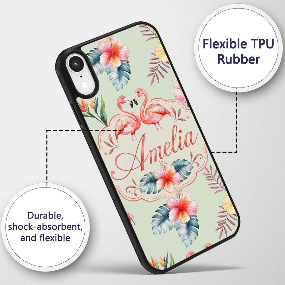 Elegant Pink Flamingos Tropical Flowers on Sage Custom Name Protective Phone Case Mobile Cover Durable Everyday Smartphone Shock Resistant